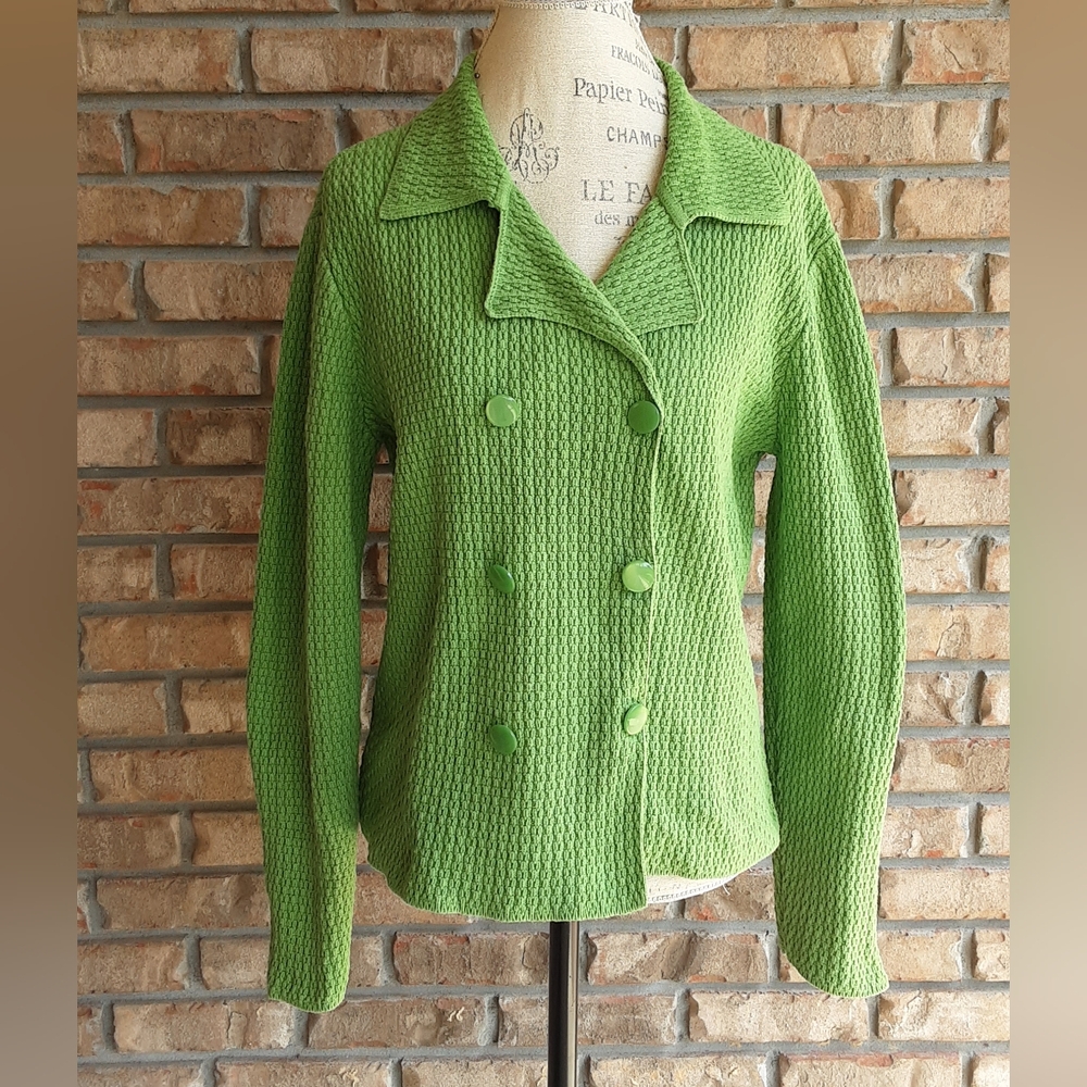 Talbots Vibrant Green Classic Cable Knit Cozy Sweater Jacket.
